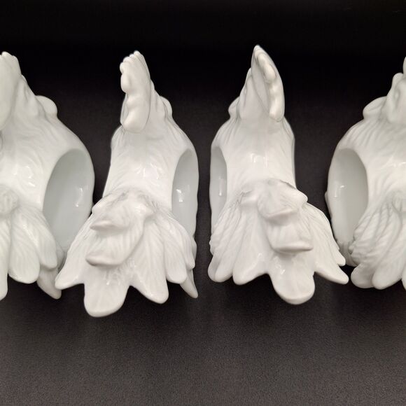 Unique Rooster Large Comb Large Plummage Napkin Rings White Porcelain Set Of 4 - Picture 13 of 13